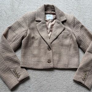 NWT Abercrombie & Fitch Cropped Tweed Blazer Jacket Long Sleeve 2 Buttons Tan S
